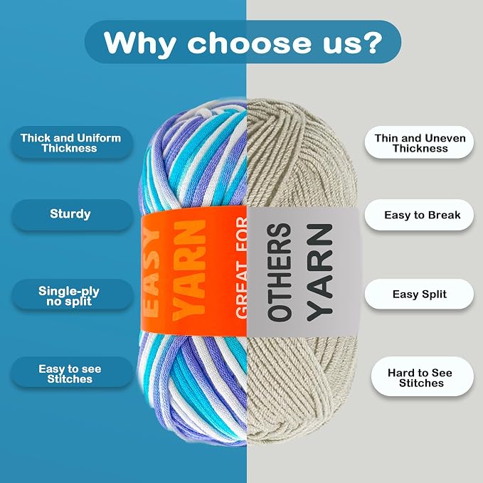 2x3.5Oz Beginner-Friendly Yarn for Crocheting and Knitting;Worsted-Weight Medium #4;Cotton Blend Yarn for Beginners with Easy-to-See Sitches,Great for Amigurumi DIY (Azure Waves+Lavender)