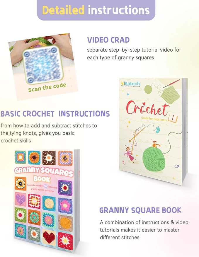 Katech Crochet Kit for Beginners, 50 Floral Granny Square Kits for Adults
