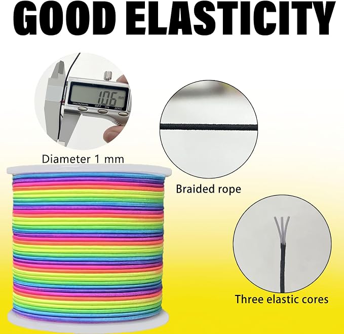 1.0mm Elastic Bracelet String Cord, Crystal Stretch Bead Cord for Bracelets Jewelry Making, Clear Stretchy Elastic String for Beading, Transparent Thread (1.0MM(Rainbow/Black/White)/495ft)