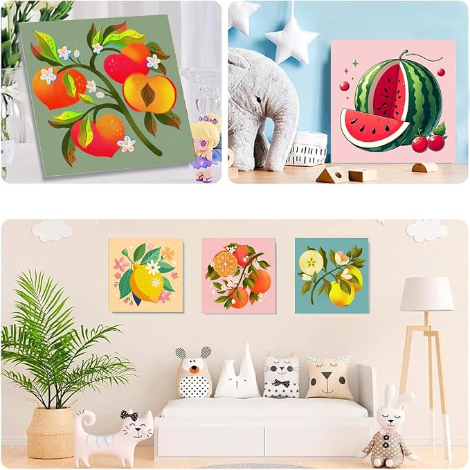 SYDYLH 6 Pack Framed Paint by Numbers Kit for Kids,Easy Acrylic Paint by Numbers Kits on Canvas,Fruit Oil Painting Paint by Number for Adults Beginners for Home Wall Decor (8x8inch)