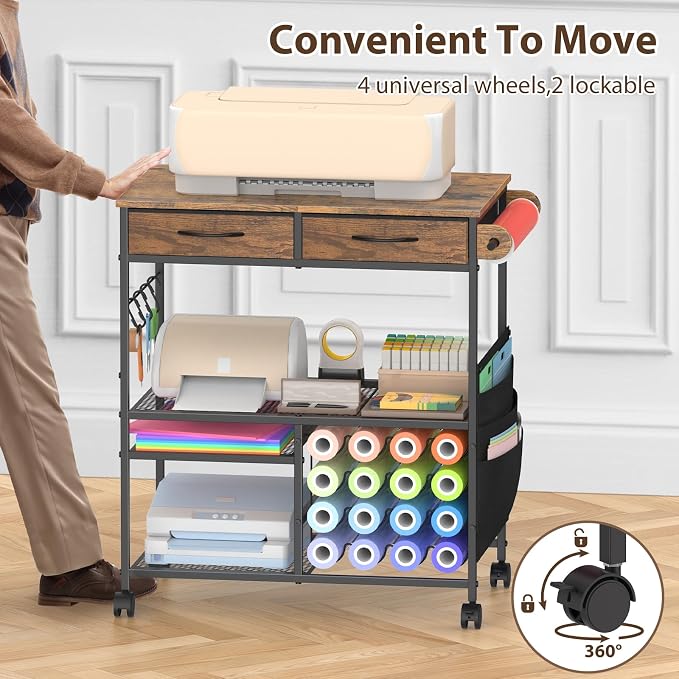 Mobile Craft Cart with Vinyl Roll Holder, Crafting Table Accessories Holder