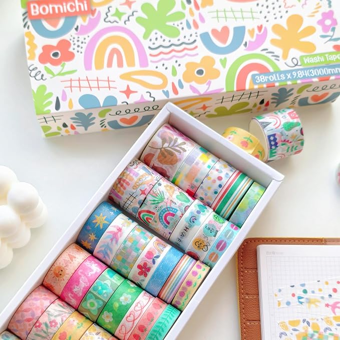 Bomichi 38 Rolls Washi Tape Aesthetic Colored Decorative