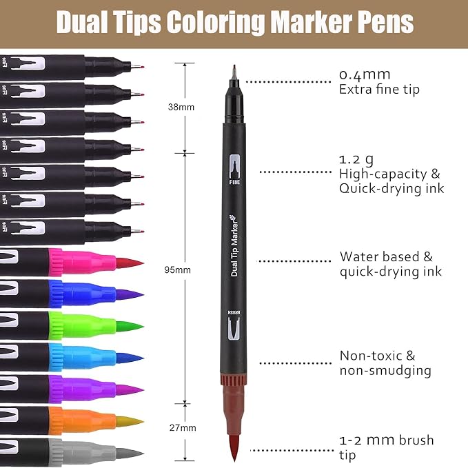 Skin Tone Double Tip Brush Pens Art Markers,24 Colored Artist Fine Brush Pen Coloring Markers for Adult Drawing Art Craft Kit