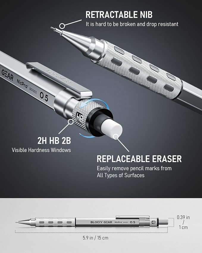 Nicpro Blocky Gear 0.5 mm & 0.7 mm Mechanical Pencils Set in Case