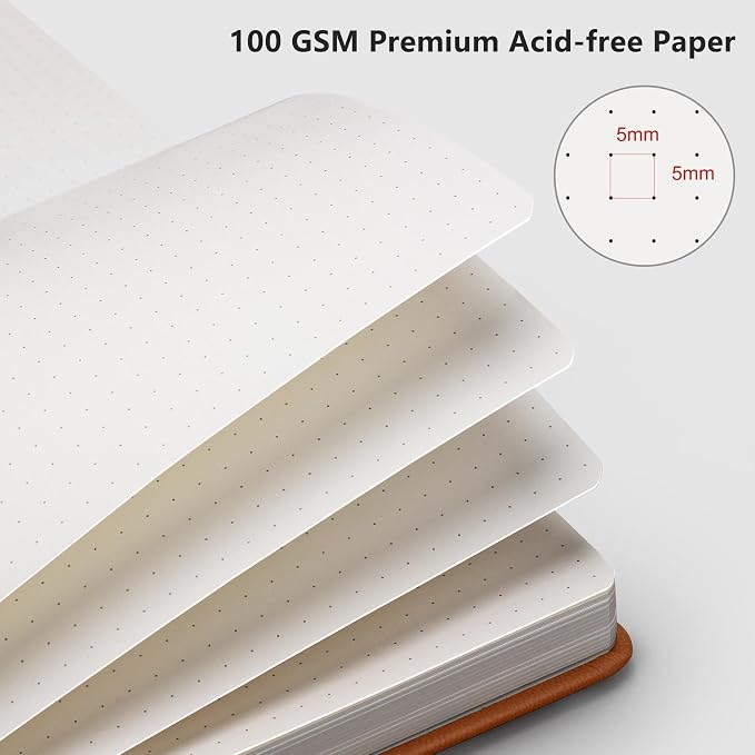 RETTACY Dotted Journal Notebook, 192 Pages, A5 Medium Size (5.7'' x 8.3'') | Leather Hardcover, 100 GSM Thick Paper, for Journaling, Planning, Tracking (Brown)