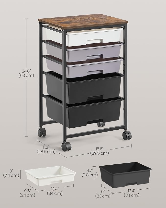 VASAGLE Rolling Cart with Drawers,5 Drawers Storage Cart, Black