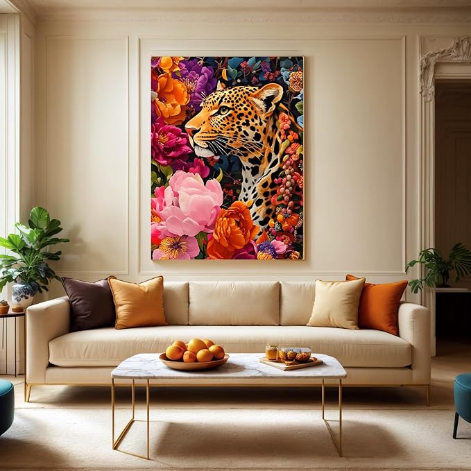 PINFFSHU 5D Diamond Art Kit for Adults & Beginners - Leopard amidst Colorful Flowers - Full Drill Animal Gem Painting, DIY Diamond Painting Craft for Home Wall Decor & Gifts, 12x16 inch (30x40cm)