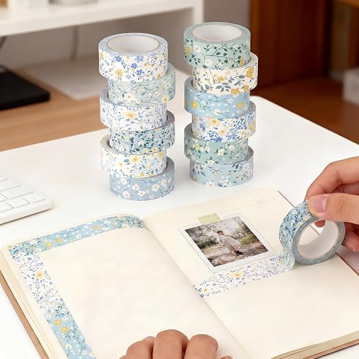 12 Rolls Floral Washi Tape Set,Blue,Wildflower | Watercolor Flowers Design for Scrapbook Journal DIY Craft School Supplies, 15 mm Vintage Decorative Masking Washi Tapes