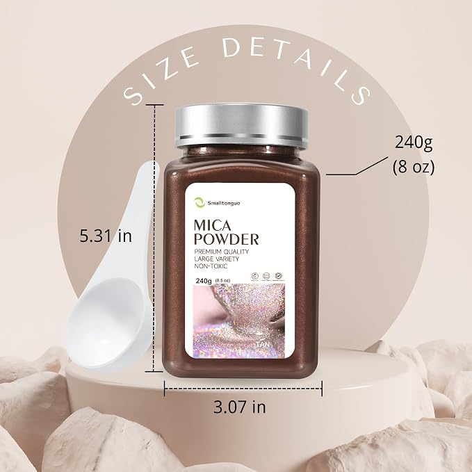 Mica Powder, Tan, 240g with Scoop, Complies with ASTM D-4236 | For Epoxy Resin, Soap, Bath Bomb, Candle| Safety Material| Odorless| Brilliant Colors