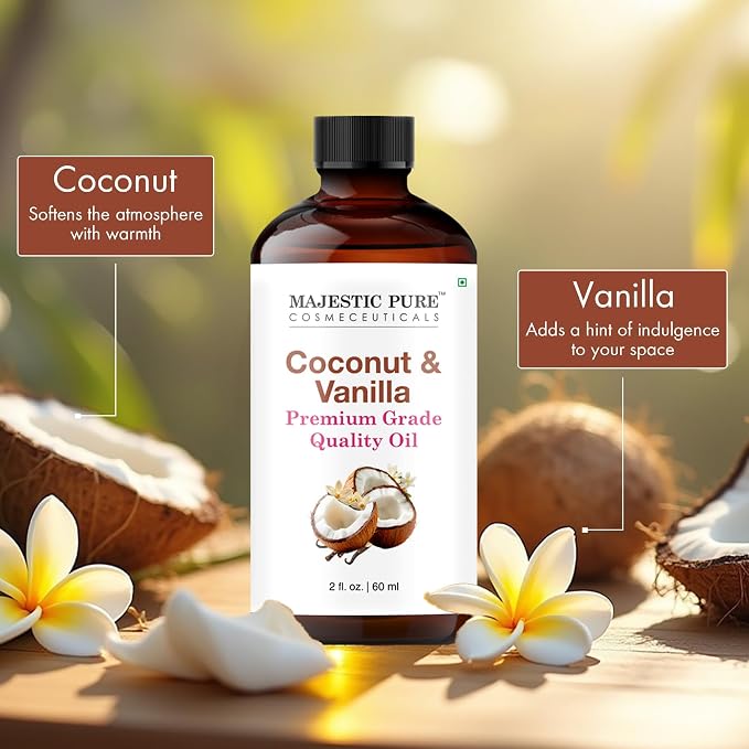 Majestic Pure Coconut Vanilla Essential Oil for Diffuser - 2 Fl Oz | 100% Pure & Natural Essentials Oils for aromatherapy, massage blends and DIY home fragrance projects, Massage and room sprays