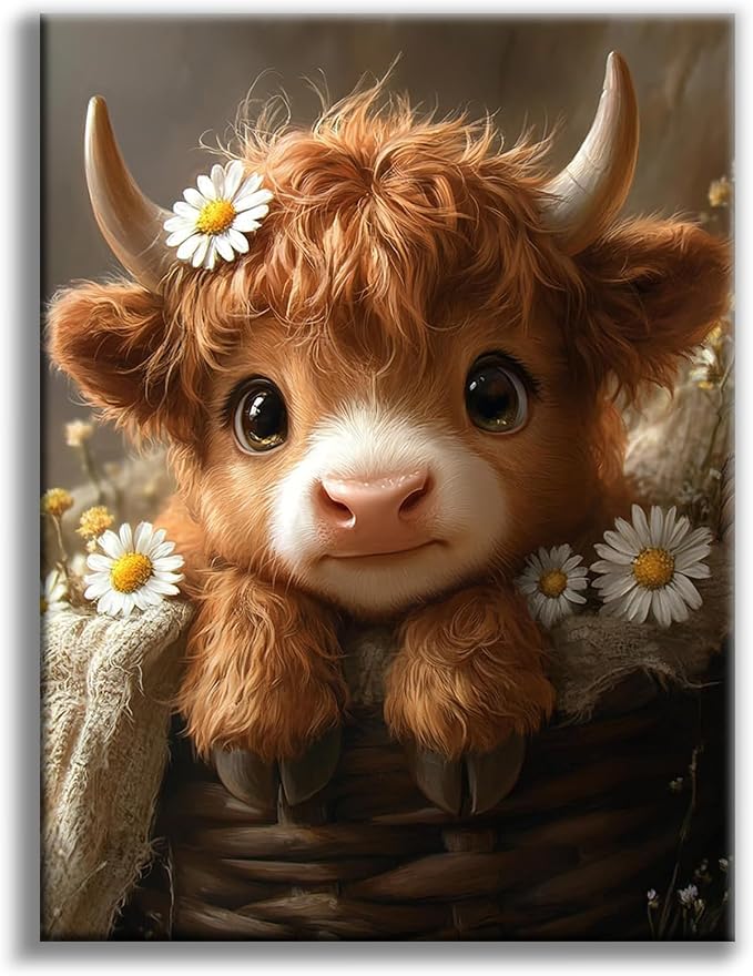 Diamond Art Kits for Adults, Highland Cow Diamond Painting for Beginners | 12x16 Inch, Full Drill Round Dots, Baby Cow DIY 5D Gem Art Craft Kits, Home Wall Decor, Stress Relief Relaxing Hobby Gift