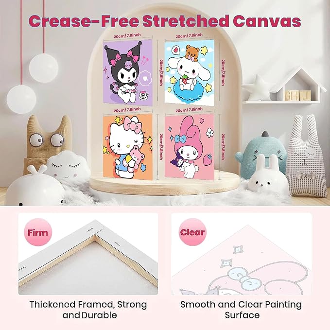 4 Pcs Cartoon Paint by Numbers Kit for Kids Ages 8-12 with Frame and Easel | Cute Kids Paint by Numbers Ages 4 8 12 for Girls Boys Gifts, Easy DIY Acrylic Oil Painting for Home Wall Decor (8x8 inch)