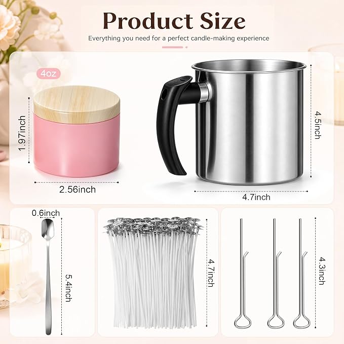 Honeydak Fall Candle Making Supplies DIY Craft Tools for Adults Beginners | 4oz Metal Candle Tins with Lids Bulk, 44oz Stainless Candle Pouring Pitcher with Spoon, Candles Wicks, Stickers, Wicks Holder
