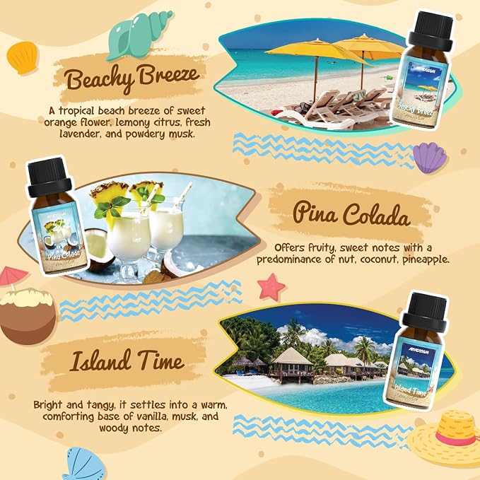 ARVIDSSON Beach Fragrance Oils Set, Summer Essential Oils for Diffuser - Beachy Breeze, Ocean Air, Pina Colada, Pink Sand, Sea Salt, Island Time, Tropical Scented Oil for Home, Candle Making