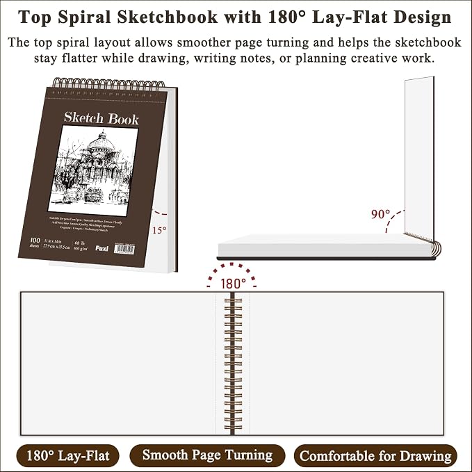 Fuxi Sketch Book 11" x 14", Large Drawing Pad Paper, 100 Sheets_68lb/100gsm | Top Spiral-Bound Sketchbook, Large Sketch Pads for Drawing, Sketching, Illustration, Art Class Students