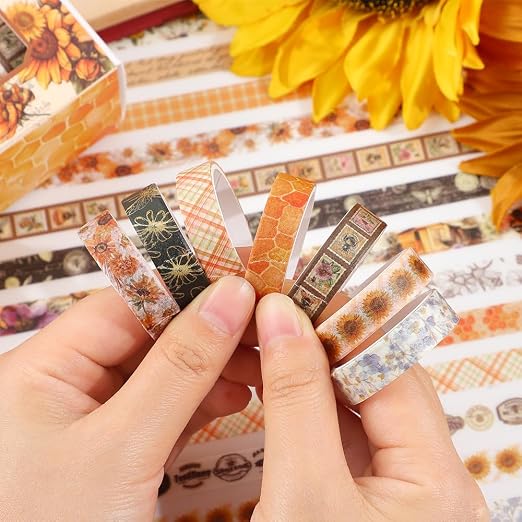 icceemee 20 Rolls Sunflower Theme Washi Tape Set with Different Colorful Patterns, Writable Decorative Tapes for Scrapbooking, Junk Journal Supplies, Bullet Journaling, 0.39'' x 79'' per Roll
