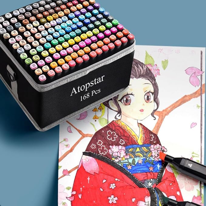 ATOPSTAR 168 Colors Alcohol Markers Artist Drawing Dual Tip Marker Pen for Adult Coloring Painting Supplies Perfect for Kids Boys Girls Students Adult(168 Black Shell)