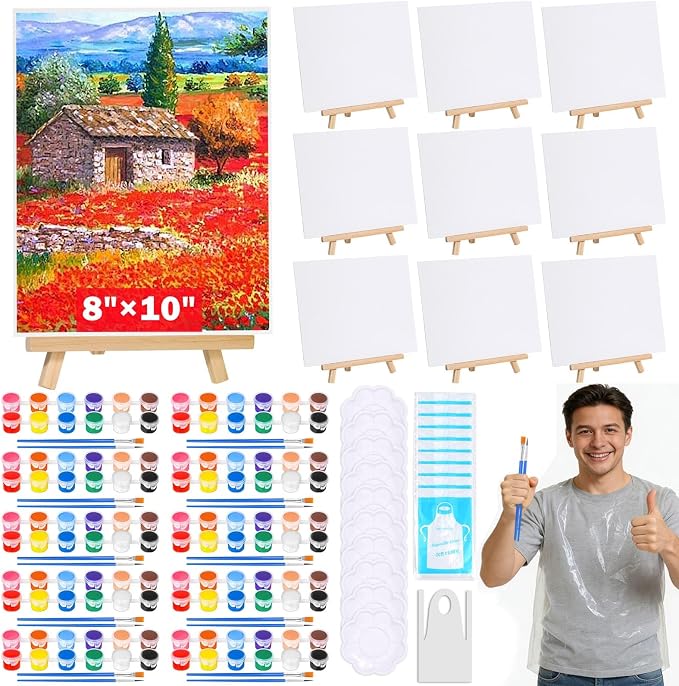 10 Pack Sip and Paint Kit for Adults Girls Night, Canvas Painting Kit | 8x10 Inch Art Canvas and Easel Set, Mini Acrylic Paint, Brushes, Aprons Paint Party Supplies, Couples Painting Kit Date Night