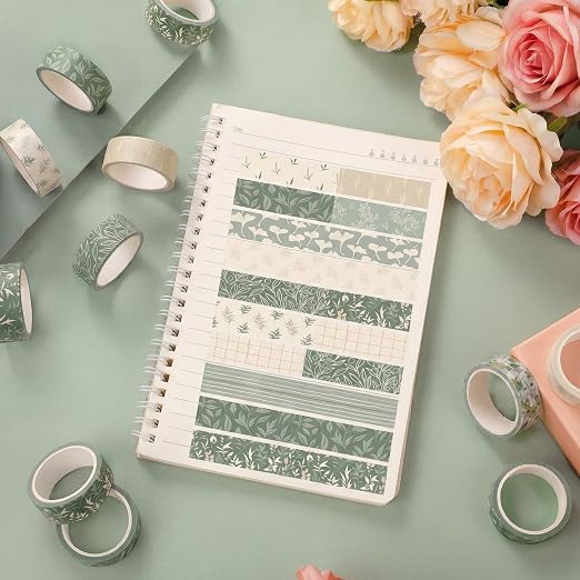 12 Rolls Floral Washi Tape Set,Sage Green,Leaves | Watercolor Flowers Design for Scrapbook Journal DIY Craft School Supplies, 15 mm Vintage Decorative Masking Washi Tapes