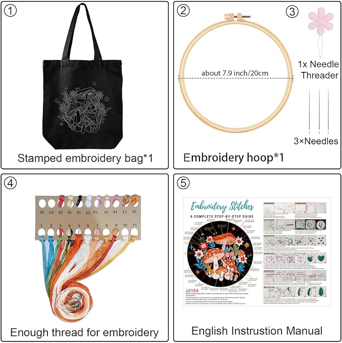 Louise Maelys Embroidery Kit Canvas Tote Bag with Mushroom Floral Pattern