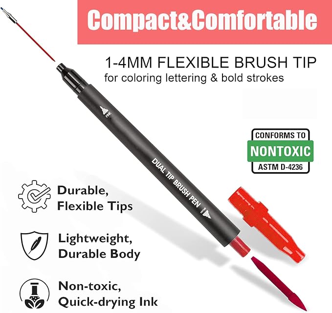 Red & Pink Double Tip Brush Pens Art Markers,24 Colored Artist Fine Brush Pen Coloring Markers for Adult Drawing Art Craft Kit