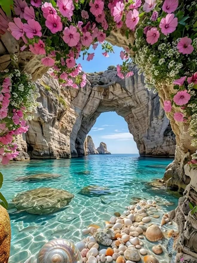Ocean Flower Diamond Painting Kits for Adults, Landscape Diamond Art Kits | DIY Full Round Drill Gem Painting Coastal Beach Paint by Diamonds Relaxing Craft for Home Wall Decor 12x16In