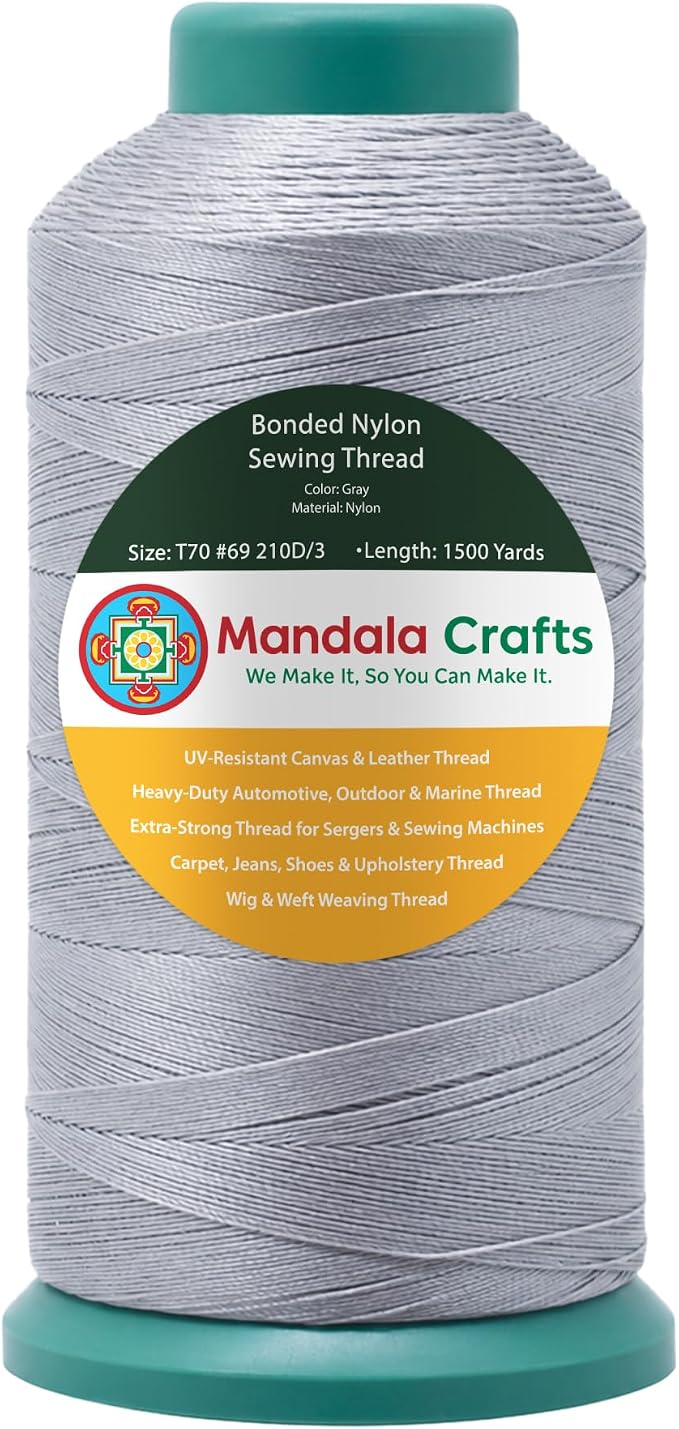 Mandala Crafts Size 69 210D T70 Gray Bonded Nylon Thread, 1500 YDs