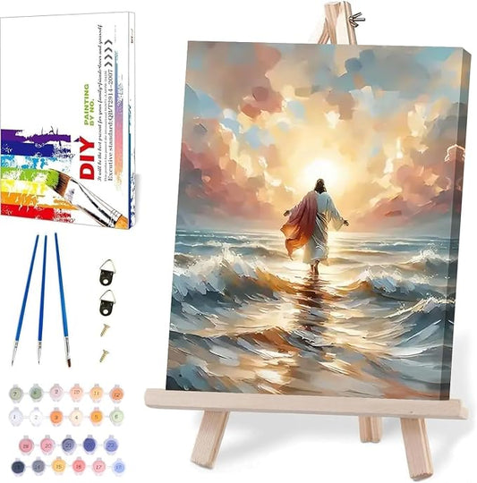 Jesus Paint by Numbers Kit for Adults Framed Canvas, with Wooden Easel