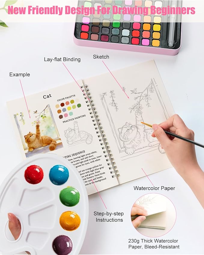 48 Colors Watercolor Paint Set for Adult Beginner with Watercolor Workbook
