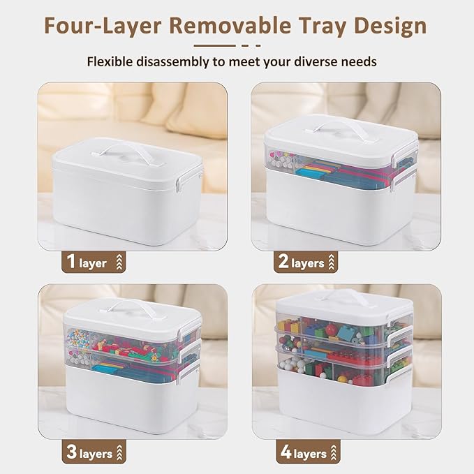 Gifhomfix 4-Layer Plastic Craft Organizers and Storage Box with Removable Trays, Storage Containers with lids and Handle, Art Supply Storage Organizer for Organizing Bead, Sewing, Tool