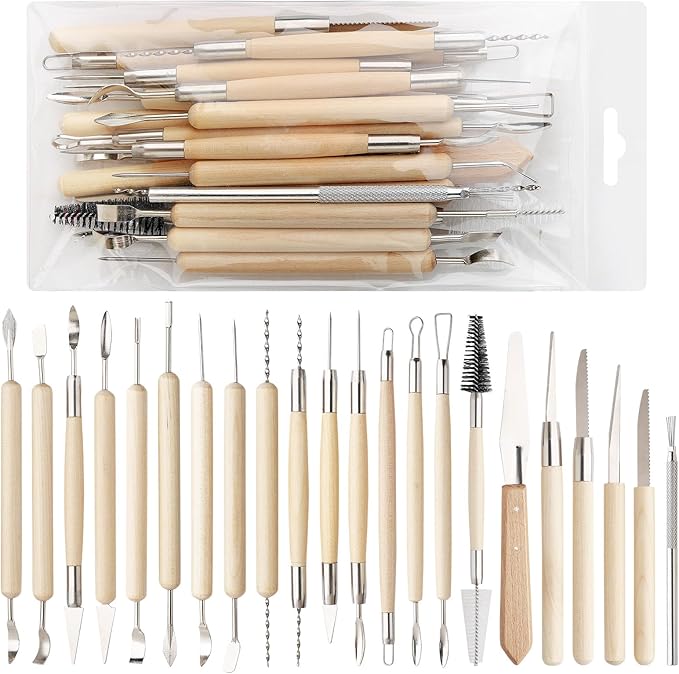 22PCS Wooden Pottery Sculpting Tools, Wood Clay Cleaning Tool Set, Ceramic Modeling Tool for Carving, Molding, Cutting, Trimming, Pottery Wheel, Crafting Supplies, Beginners, Adults, Students