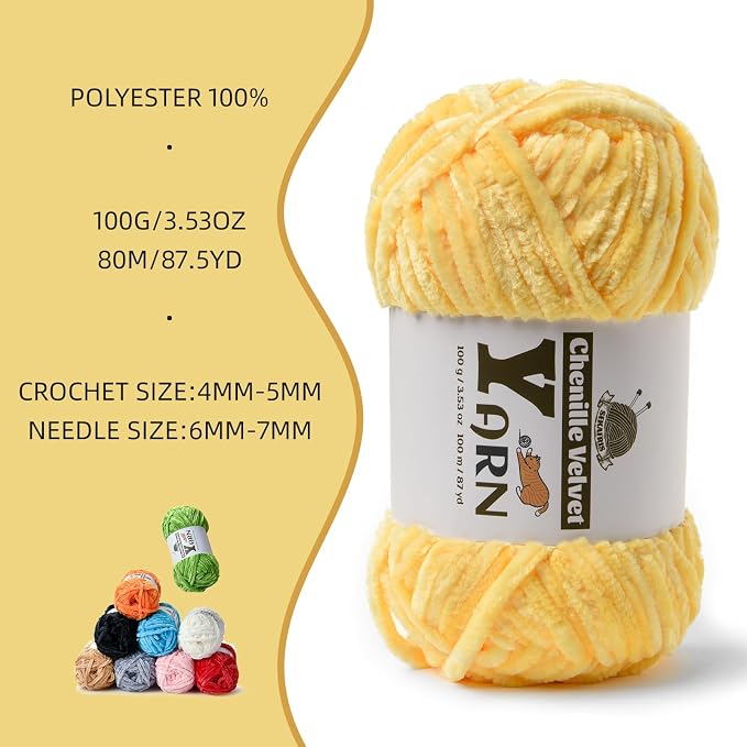 Chenille Crochet Light Yellow Yarn 1 Pack
