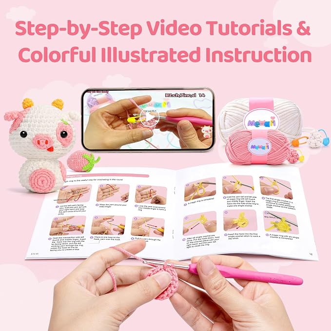Mewaii Strawberry Cow Crochet Kit for Beginners, 40% Extra Yarn | Video Tutorial, Pre-Started Piece, Gift Box, Level 1 Starter Kit, Family Craft for Adults, Kids & Beginners