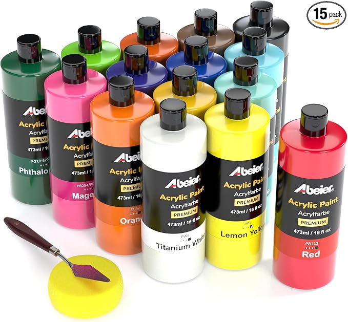 ABEIER Large Bulk Acrylic Paint Set, 15 x 16 fl oz, Non-Toxic