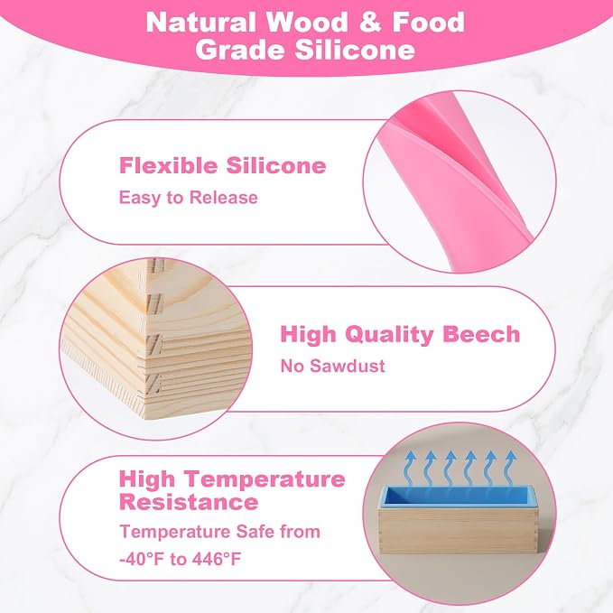 4 Pcs Flexible Rectangular Soap Loaf Mold Silicone Molds with Wood Box 42oz | Soap Making Mollds DIY Tool, for Homemade Soap Making, Purple, Green, Blue, Pink