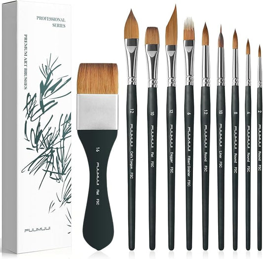 Fuumuui Watercolor Brushes, 10Pcs Professional Watercolor Paint Brush Set, Soft Synthetic Hair - Wide Flat, Dagger, Cat's Tongue, Extended Needle, Round, Grainer for Watercolor Gouache Inks Painting