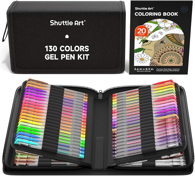 Shuttle Art Gel Pens, 130 Colors Gel Pen with 1 Coloring Book in Travel Case for Adults Coloring Books Drawing Crafts Scrapbooking Journaling