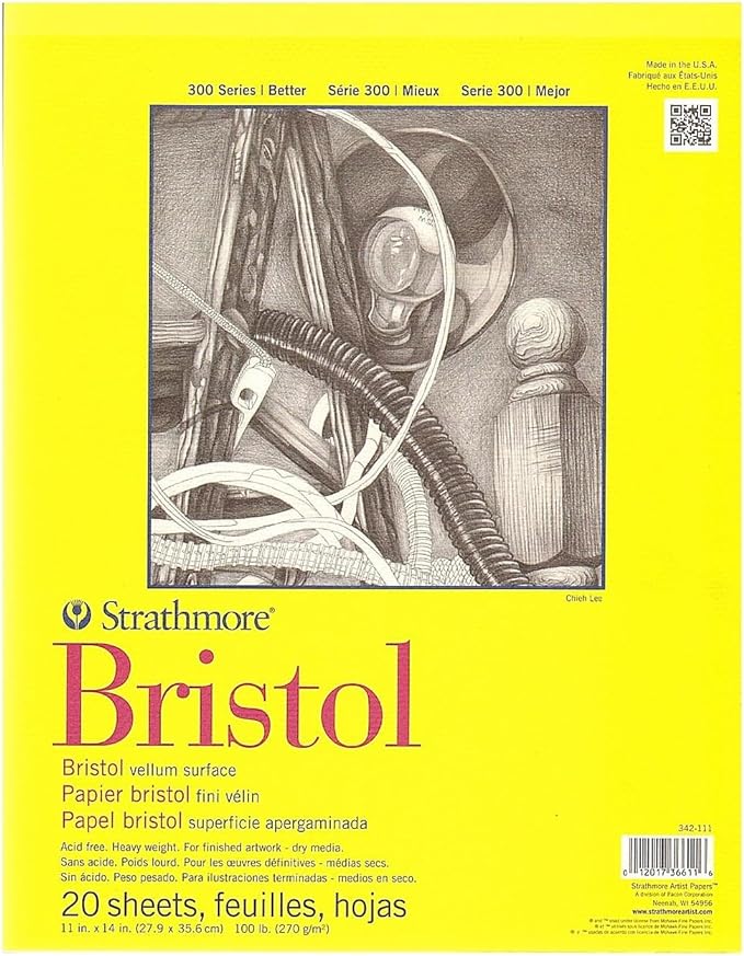 Strathmore 300 Series Bristol Paper Pad, Vellum, Tape Bound, 11x14 inches, 20 Sheets (100lb/270g) - Artist Paper for Adults and Students - Charcoal, Pen and Ink, Marker, and Pastel