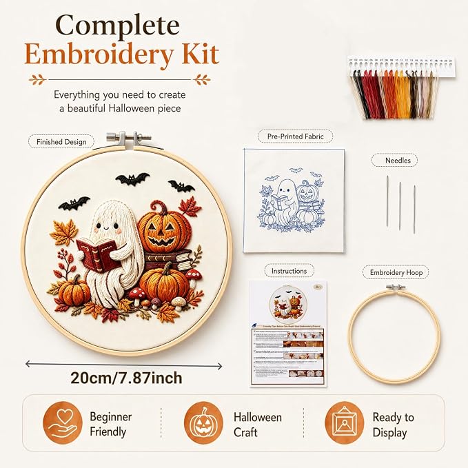 YOUDRN Halloween Ghost Reading Book Embroidery Kit for Beginners Adults