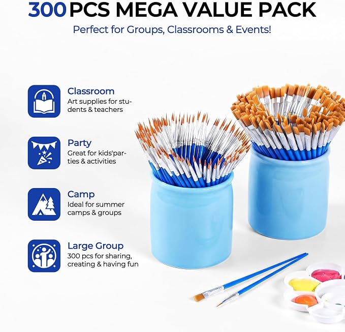 Smallbudi 300 PCS Small Paint Brushes Bulk for Kids Classroom