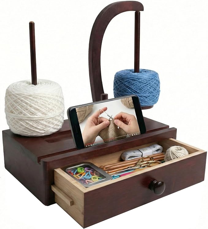 Ojdn hvy Upgrade Yarn Holder for Crocheting, Larger Size Wooden Magnetic Rotating Yarn Spinner with 2 Spindles, Large Storage Box, Perfect Crochet Gift for Knitting Lovers, Women, Mom, Grandma