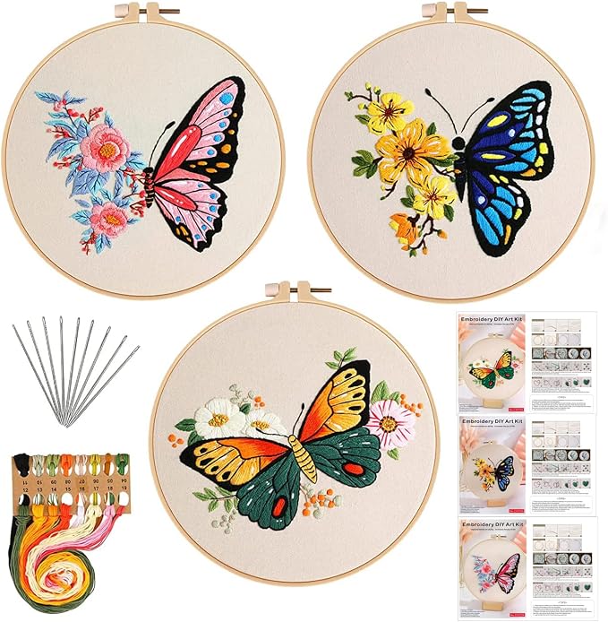 GLTAYLMY 3 Pack Embroidery Kits with Butterfly Pattern for Beginner Adults,Cross Stitch Kits with 1 Plastic Embroidery Hoops,Needles and Color Threads,Needlepoint Kit for Adults
