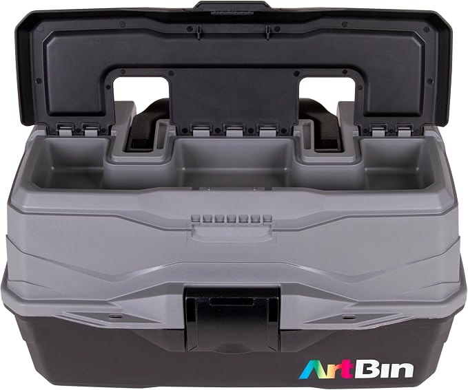 ArtBin 6892AG 2-Tray Art Supply Box, Portable Art & Craft Organizer with Lift-Up Trays, [1] Plastic Storage Case, Gray/Black