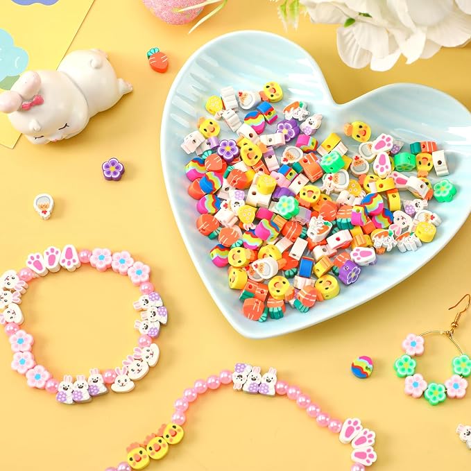 Augshy 300pcs Easter Polymer Clay Beads: Bunny, Chick, Egg, Carrot, Flower Shapes - Round, Assorted Easter Colors for Bracelet, Necklace, Jewelry Making