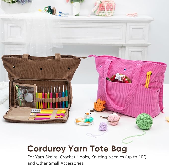 MYBAGZING Large Yarn Tote Organizer – Corduroy Knitting Storage Holder for Yarn, Hooks & Accessories, Portable Craft Carryall for Crocheting Lovers, Mother’s Day Gift
