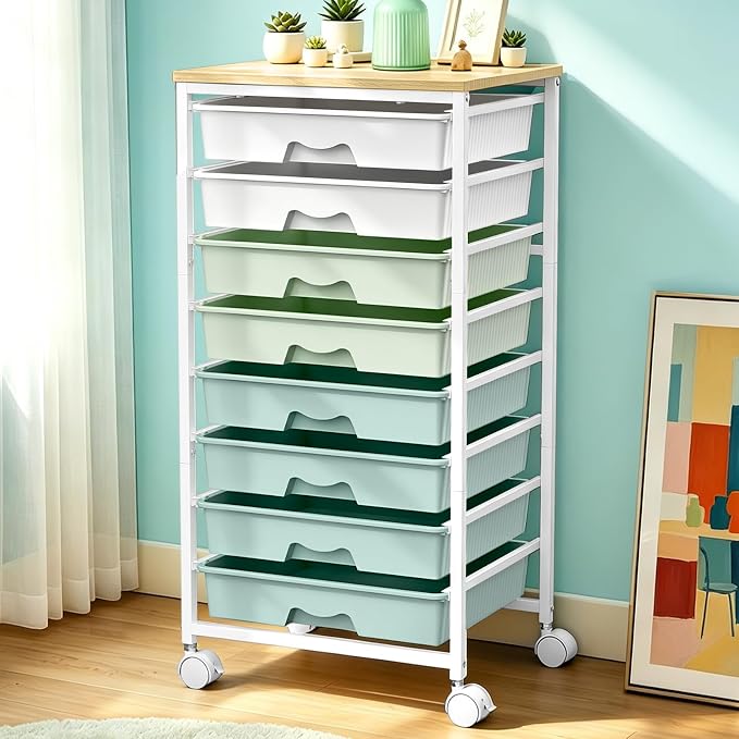 SUNALLY Rolling Cart With 8 Drawers,Storage Drawer Cart for Craft Art,Green | Storage Utility Cart with Wooden Tabletop & 2 Lockable Wheels, Teacher Storage Cart for Classroom School Storage, Makeup,Nail