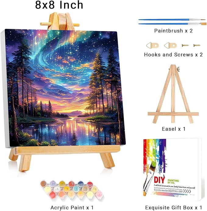Framed Paint by Numbers Kit for Adults Beginner Kids Ages 8-12 Starry Night Adult Paint by Number Kits on Canvas with Easel Landscape Painting by Numbers for Adults with Frame DIY Painting Kits 8x8 In