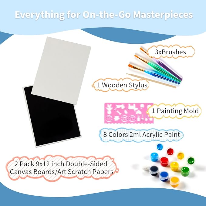 Double-Sided Canvas Boards, 2-Pack 9x12 Inch Scratch Art & Painting Set with 8 Acrylic Paints, 3 Brushes, Wooden Stylus & Stencil, Creative Art Kit for DIY Projects & Crafting Fun