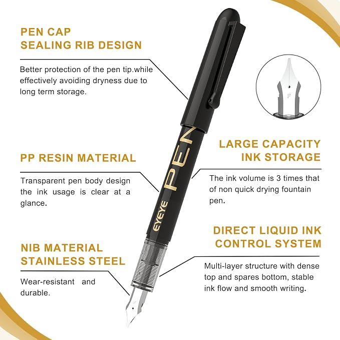 EYEYE Disposable Fountain Pens Fine Point, 4 Black 4 Blue Fountain Pens for Writing, Stainless Steel Nib, Smooth Writing for Journaling, Drafting, Sketching, Doodling & Office Supplies