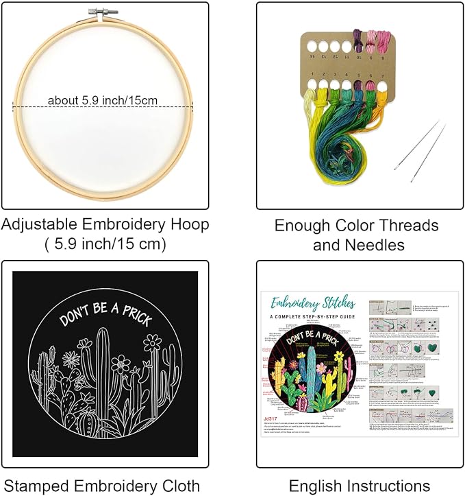 Louise Maelys Cactus Embroidery Kit for Beginners Plant Gift DIY Craft | Cross Stitch Kits for Adults Featuring Funny Cactus Artwork. Needlepoint Kit for Beginners to Enjoy Creative DIY Embroidery